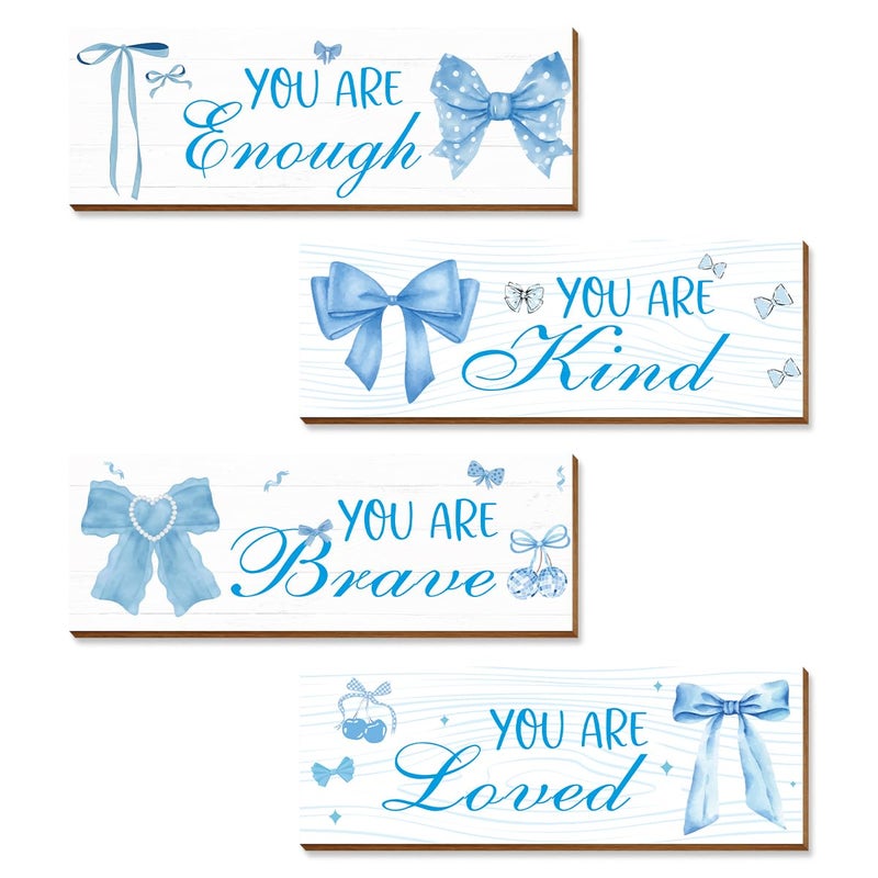 Riletese 4 Pcs Blue Coquete Bow Room Decor, Teen Girls Trendy Preppy Wall Art Aesthetic for Bedroom Bathroom Decor, Inspirational Positive Affirmations - Image 1