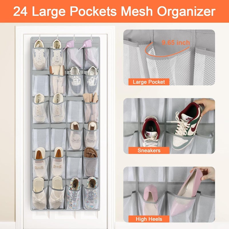 FENTEC Over Door Shoe Storage Organiser, 24 Large Mesh Pockets Over Door Shoe Organizer, Hanging Shoe Storage Door Shoe Rack, Sturdy Back of Door Storage with Hooks for Bedroom Bathroom Wardrobe - Image 2