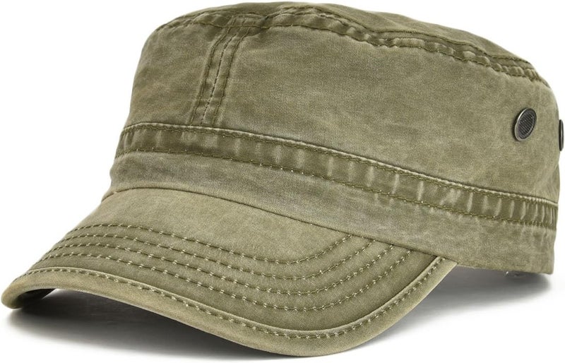 VOBOOM Washed Cotton Military Cadet Army Caps Unique Design Vintage Flat Top Hat - Image 1