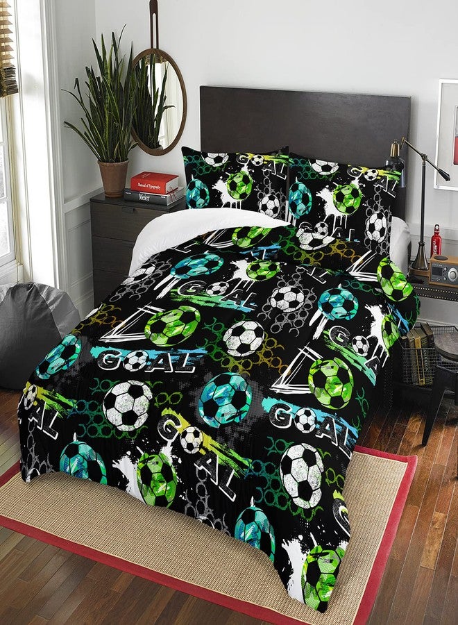 AILONEN Soccer Print Comforter Set for Boys Teens Queen Size 3Pcs, Football Sports with Blue Green White Soccer Pattern Bedding Set,Soft Microfiber,1 Quilt and 2 Pillowcases - Image 2