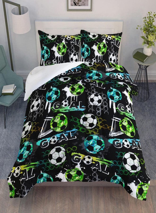 AILONEN Soccer Print Comforter Set for Boys Teens Queen Size 3Pcs, Football Sports with Blue Green White Soccer Pattern Bedding Set,Soft Microfiber,1 Quilt and 2 Pillowcases - Image 1