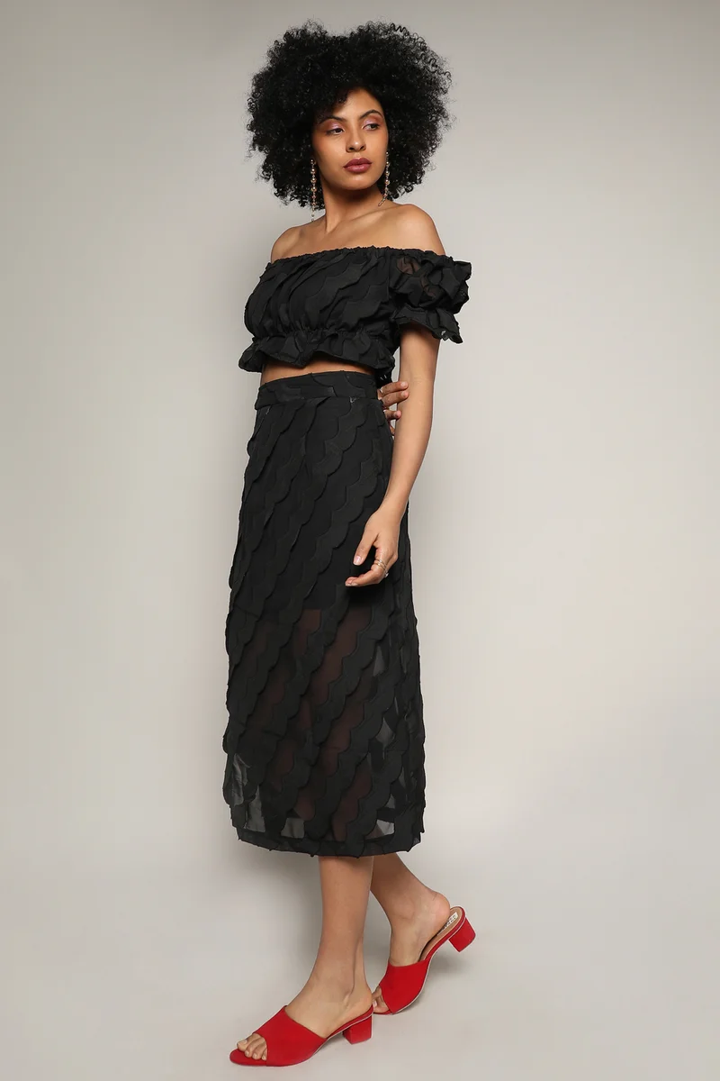Campus Sutra Women's Midnight Black Sheer Self-Design Co-Ord Set With Slit