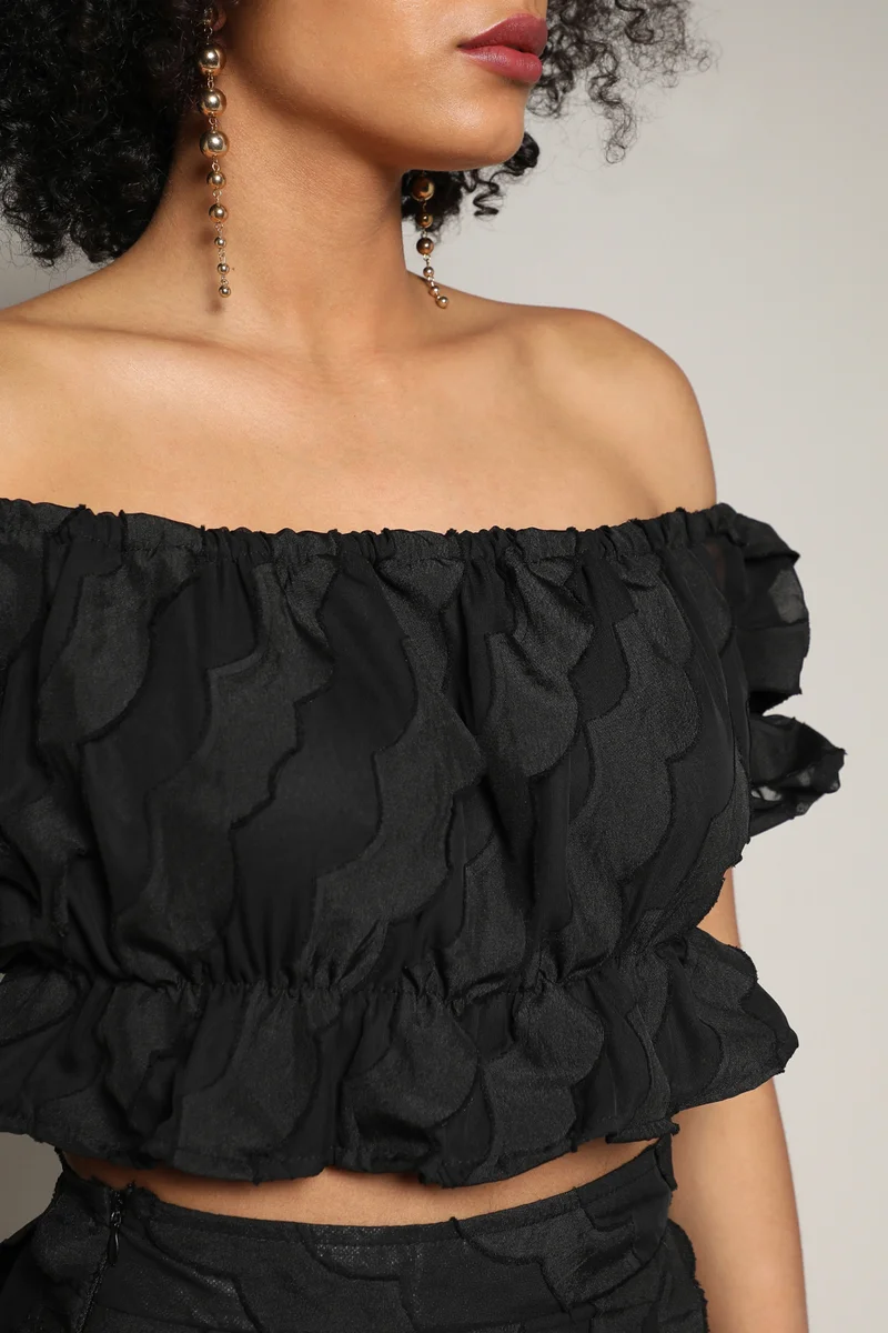 Campus Sutra Women's Midnight Black Sheer Self-Design Co-Ord Set With Slit