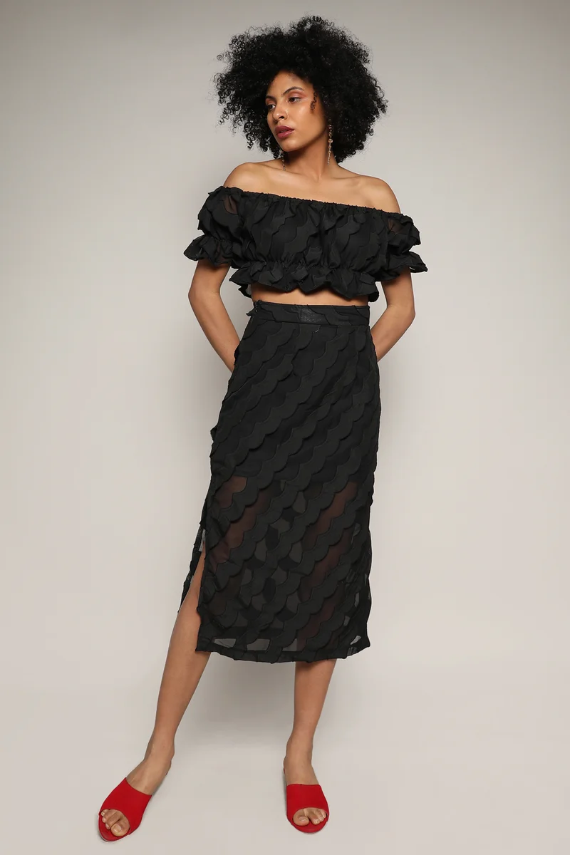 Campus Sutra Women's Midnight Black Sheer Self-Design Co-Ord Set With Slit