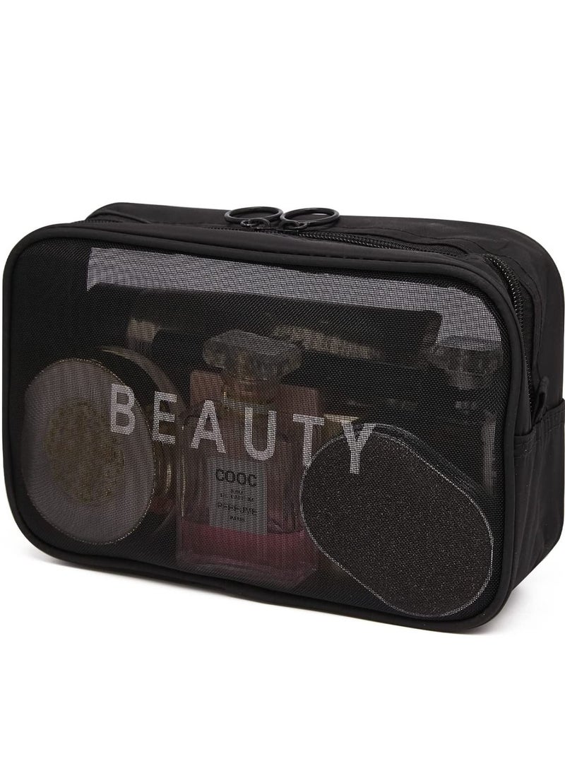 Excefore Mesh Makeup Bag, 4Pcs Clear Toiletry Pouch with Zipper Mini Portable Cosmetic Travel Purse Bag for Daily Toiletries Accessories (Black-1pc, Large) - Image 1