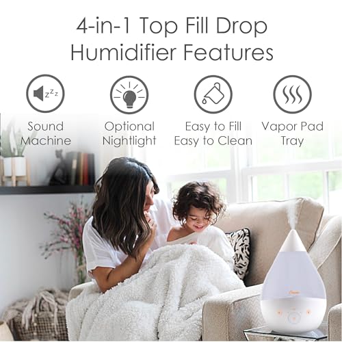 Crane 4-in-1 White Drop Ultrasonic Cool Mist Humidifier with Sound Machine, Night Light, Aroma Tray, 1 Gallon Top Fill White - Image 2