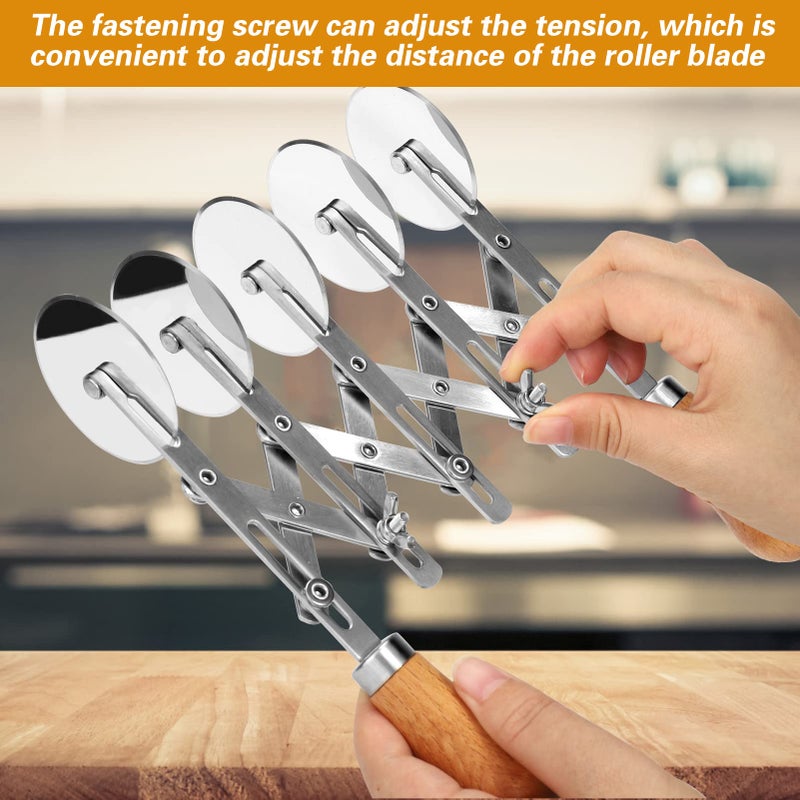 Juome 5 Wheel Pastry Cutter with Wooden Handle, Multi-Round Wheel Pasta Dough Cutter Roller Pizza Slicer Accordion Pastry Knife Divider Tool - Image 4