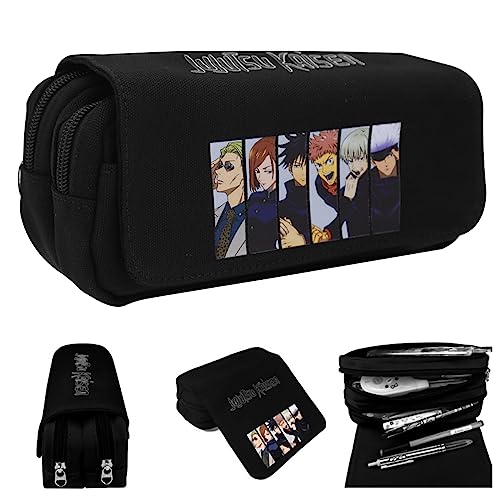 Fancyku Jujutsu Kaisen Polyester Pencil Case, Anime Pencil Pouch, Cartoon Prints Pen Pouch, Large Capacity Pu Pencil Bag Stationery Organizer, Students Gift Children's Day Gift School Gift (Black) - Image 1