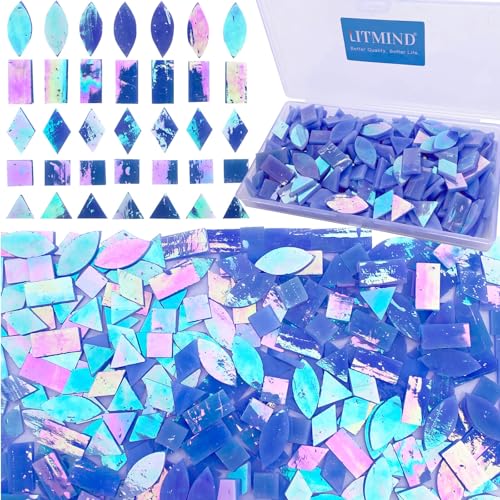 LITMIND Iridescent Slateblue Stained Glass Mosaic Tiles for Crafts - 240 Pieces, 5 Shapes Mixed (Rectangle, Triangle, Rhombus, Square, Leaf) - Ideal for Mosaic Making Projects and Beginners - Image 1