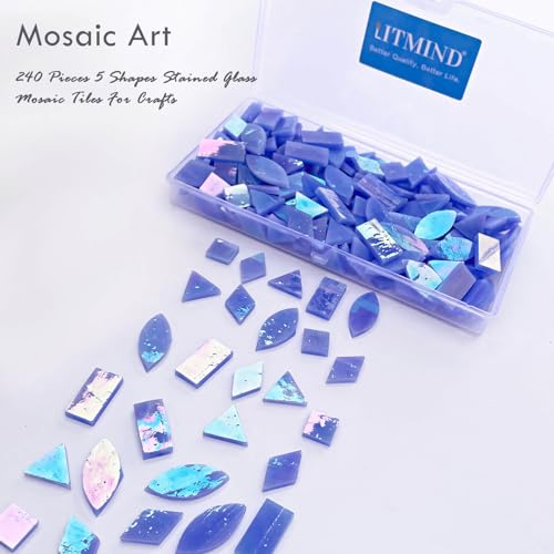 LITMIND Iridescent Slateblue Stained Glass Mosaic Tiles for Crafts - 240 Pieces, 5 Shapes Mixed (Rectangle, Triangle, Rhombus, Square, Leaf) - Ideal for Mosaic Making Projects and Beginners - Image 2