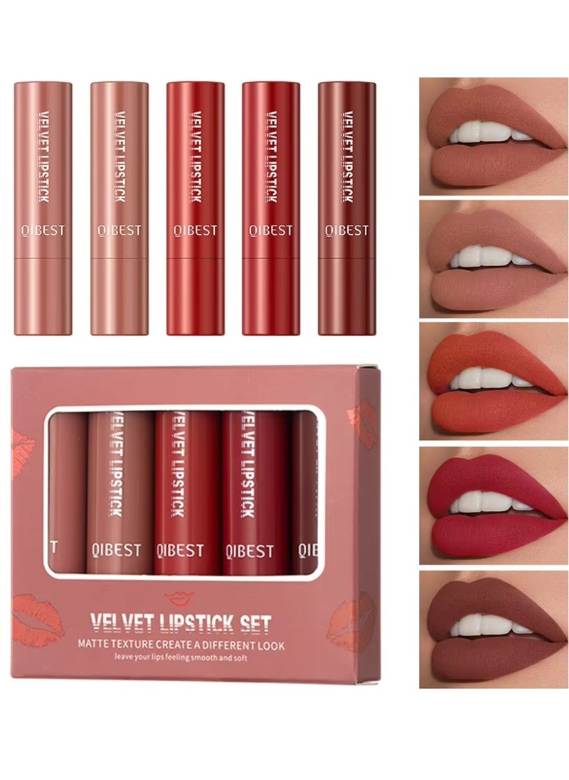 QiBest 5 Colors Velvet Lipstick Set Velvet Matte Texture Lipstick Set Creamy Cover Soft Matte Full Coverage Lipstick Set Long Lasting Non Drying Nourishing Matte Lipstick Set B  - Image 1