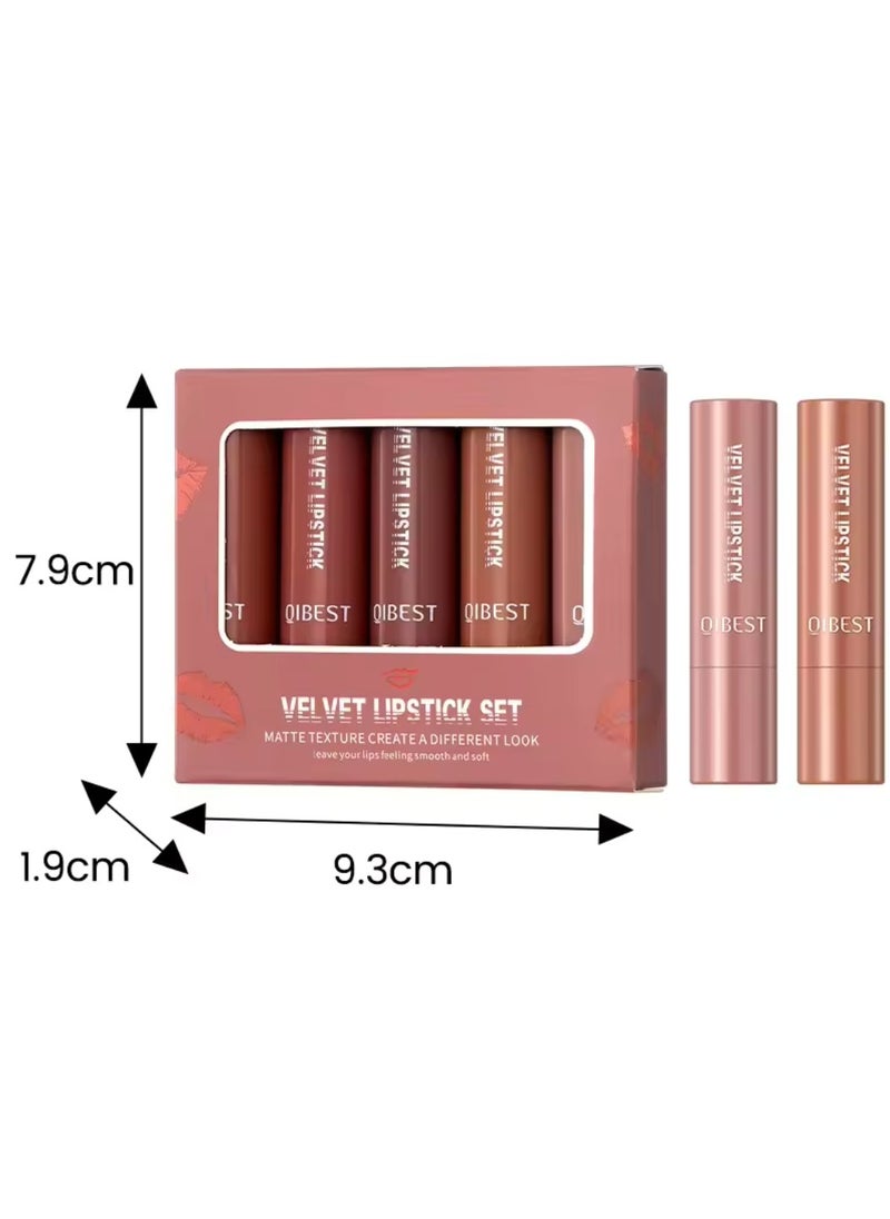 QiBest - 5 Colors Velvet Lipstick Set Velvet Matte Texture Lipstick Set Creamy Cover Soft Matte Full Coverage Lipstick Set Long Lasting Non Drying Nourishing Matte Lipstick Set B - Image 1