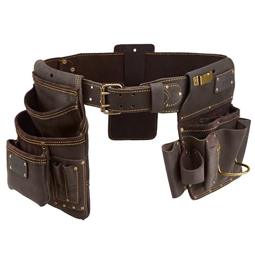 Ox Pro Drywall Tool Belt  22Pocket Leather Tool Belt Pouches  Made of OilTanned Leather with DoubleStitching and Steel Rivets  OXP263804 - Image 1