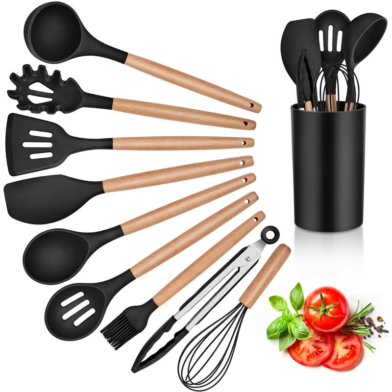 Herogo Kitchen Utensils Set with Holder 10 Pieces Silicone Cooking Utensil with Wooden Handle Heat Resistant  NonStick Cooking Spatula Turner Tong Gadgets Utensil Set  Black