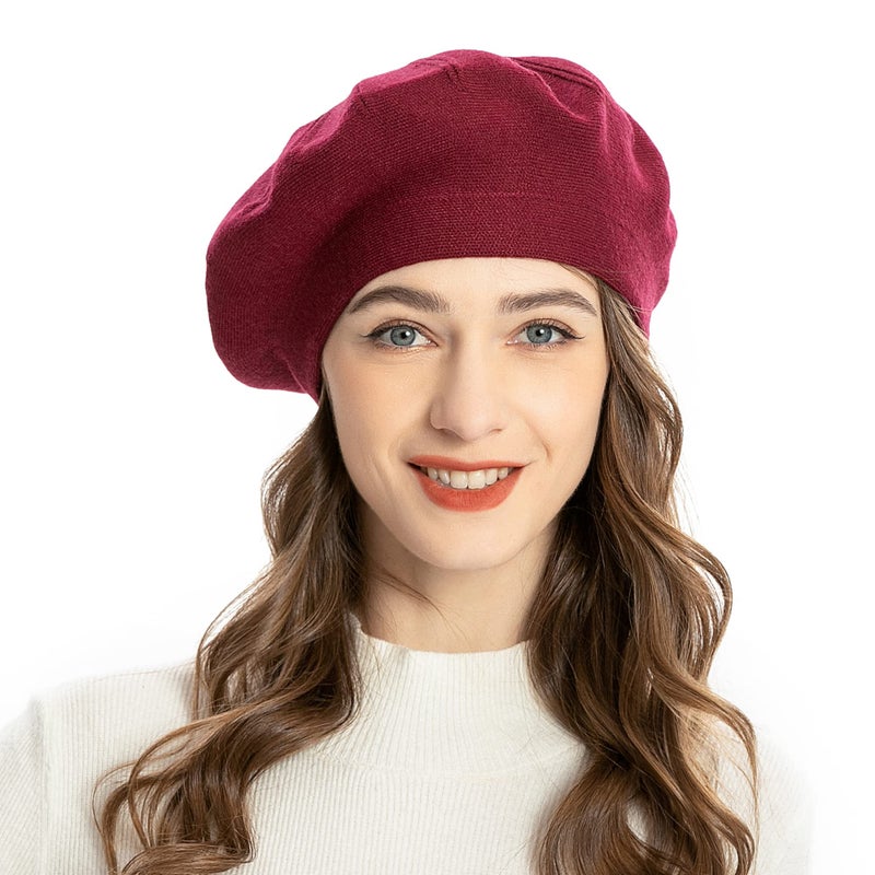 ZLYC French Beret hat, Reversible Solid Color Knit Warm Beret Cap for Womens Girls (Burgundy) - Image 2