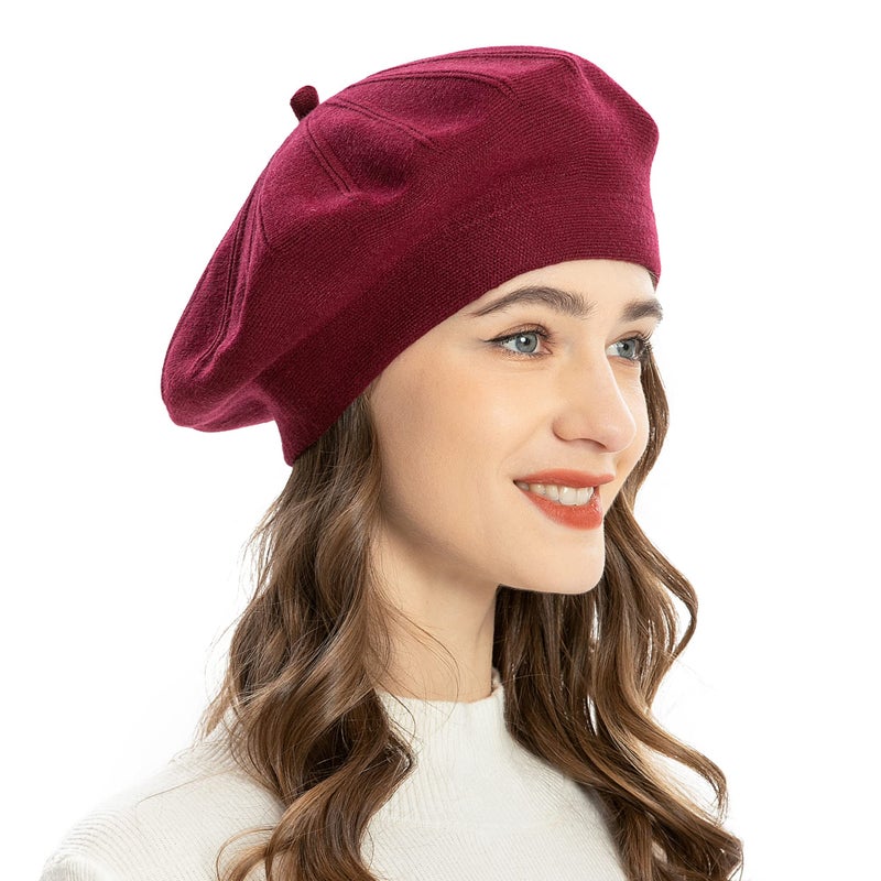 ZLYC French Beret hat, Reversible Solid Color Knit Warm Beret Cap for Womens Girls (Burgundy) - Image 1