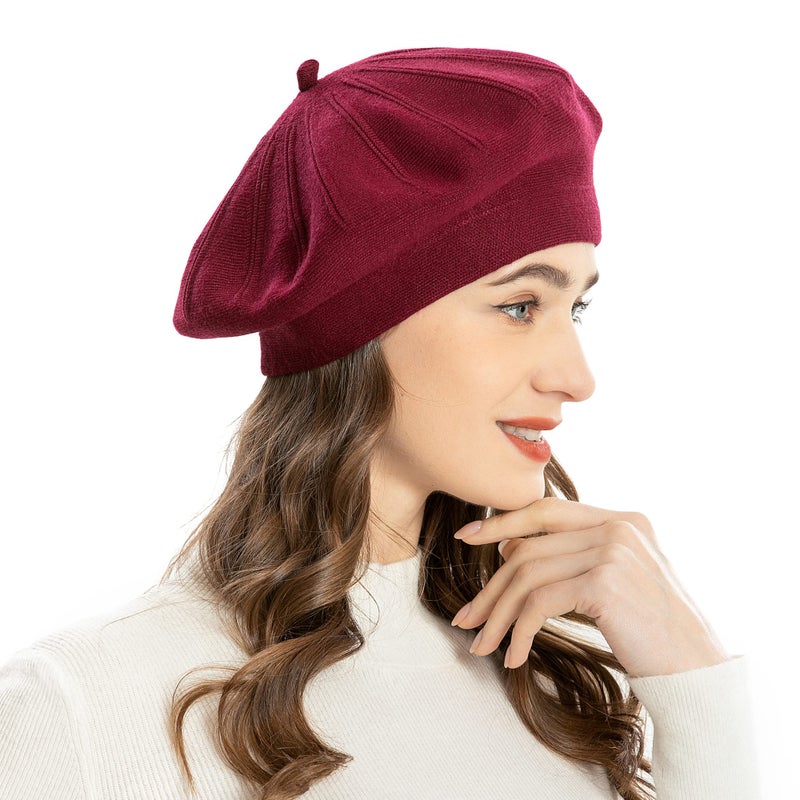 ZLYC French Beret hat, Reversible Solid Color Knit Warm Beret Cap for Womens Girls (Burgundy) - Image 3