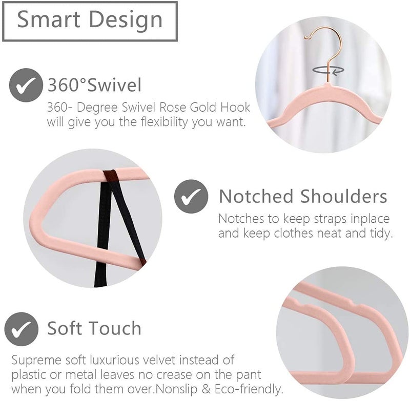 KITCHMO- Premium Velvet Hangers Non Slip Velvet Suit Hangers Rose Gold Hooks,Space Saving Clothes Hangers Velvet Hangers Non-Slip 360 Degree Swivel Hook Clothes Hangers Velvet (Peach, Pack of 50) - Image 4