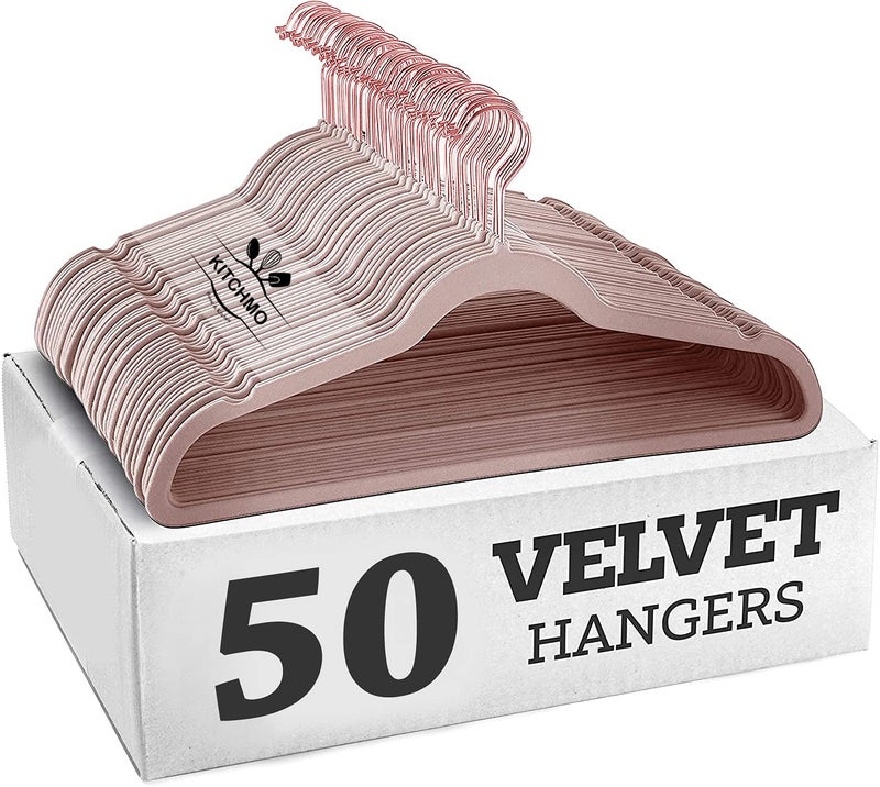 KITCHMO- Premium Velvet Hangers Non Slip Velvet Suit Hangers Rose Gold Hooks,Space Saving Clothes Hangers Velvet Hangers Non-Slip 360 Degree Swivel Hook Clothes Hangers Velvet (Peach, Pack of 50) - Image 1