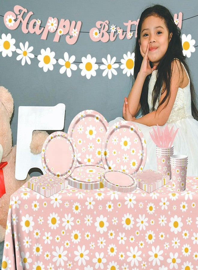 Bezkega 142PCS Daisy Birthday Party Tableware Set,Pink Groovy Daisy Flower Supplies Include Daisy Plates and Napkins Cup Tablecloth Banner for Retro Theme Hippie Girl Birthday Baby Shower Wedding Supplies - Image 4