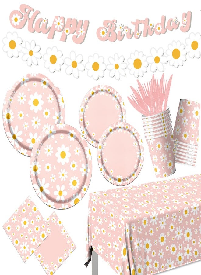 Bezkega 142PCS Daisy Birthday Party Tableware Set,Pink Groovy Daisy Flower Supplies Include Daisy Plates and Napkins Cup Tablecloth Banner for Retro Theme Hippie Girl Birthday Baby Shower Wedding Supplies - Image 1