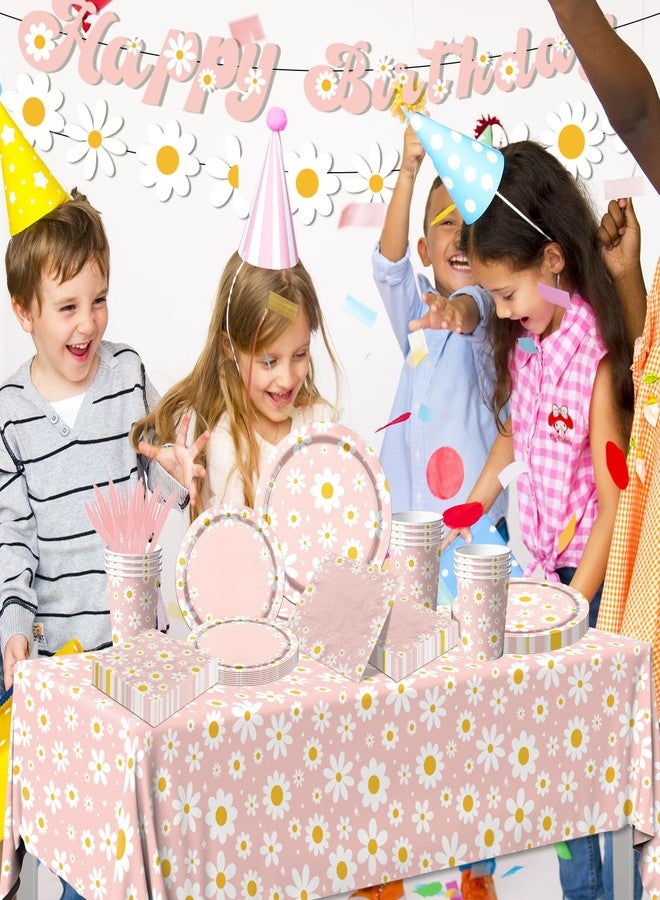 Bezkega 142PCS Daisy Birthday Party Tableware Set,Pink Groovy Daisy Flower Supplies Include Daisy Plates and Napkins Cup Tablecloth Banner for Retro Theme Hippie Girl Birthday Baby Shower Wedding Supplies - Image 3