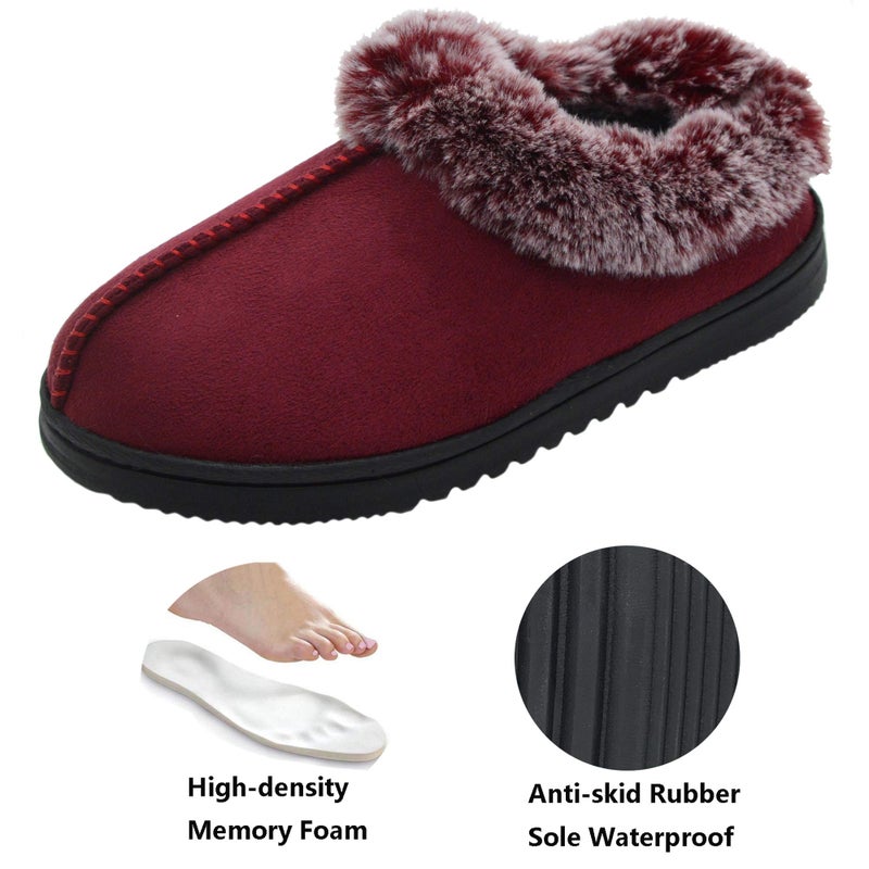 UBXRIN Womens Fuzzy Memory Foam Slippers Boots Cozy Faux Fur House Shoes Indoor Outdoor Rubber Sole Anti-Skid,Burgundy US9-10 - Image 4