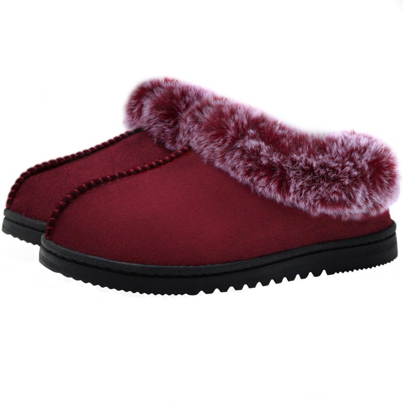 UBXRIN Womens Fuzzy Memory Foam Slippers Boots Cozy Faux Fur House Shoes Indoor Outdoor Rubber Sole Anti-Skid,Burgundy US9-10 - Image 1