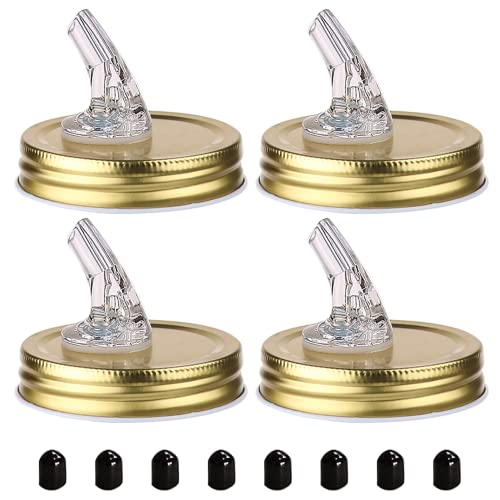 ziHenryDa Mason Jar Pour Spouts. free flow Mason Jar Pour Spouts, mason jar for spout regular mouth size 70mm dispenser germination cover. Suitable for any liquid. Leak-Proof 4-Pack + 8 Lid Caps (gold color) - Image 1
