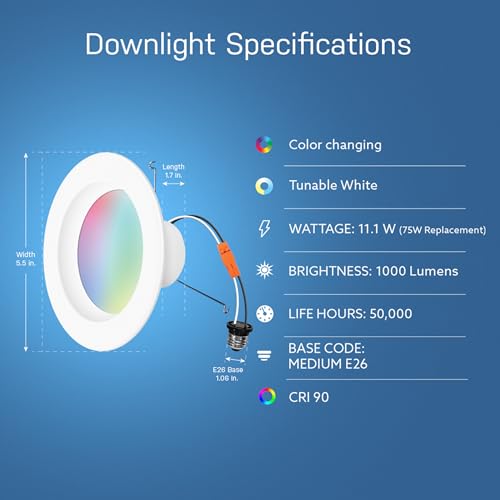Feit Electric Smart Recessed Downlights, 5-6 Inch, Wi-Fi LED, Dimmable Color-Changing, 1000 Lumens, 11.1W (75W Equivalent), Voice & App Control, Daylight to Soft White, 50,000 Hour Lifespan - Image 2