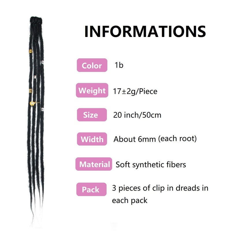 Dsoar Clip In Dreadlock Extensions 20 Inch 3PCS Handmade 0.6cm Synthetic Dreads with Clips Soft Crochet Loc Extensions(1#) - Image 2