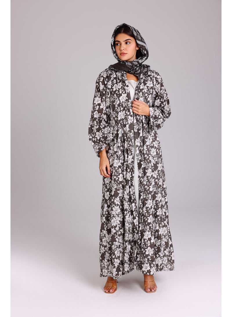 IKKXA Beautiful Floral Prints Design Abaya Grey - Image 1