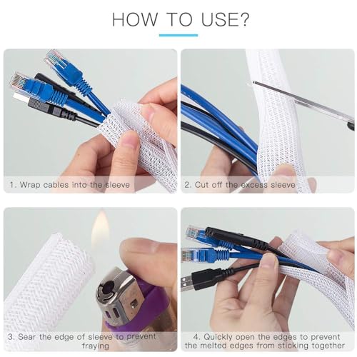 AGPTEK Cable Sleeve Cover, 6.6ft - 2/3 inch Desk Cord Organizer Cable Hider, Home Office Wire Management Computer TV Wire Loom Tubing, Pet Proof Cord Protector, from Cat Dog Chewing, White - Image 3