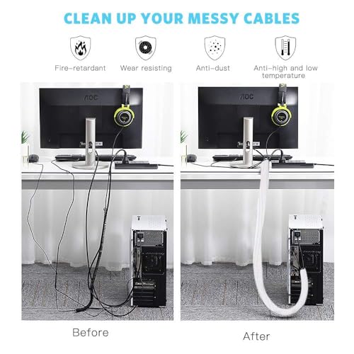 AGPTEK Cable Sleeve Cover, 6.6ft - 2/3 inch Desk Cord Organizer Cable Hider, Home Office Wire Management Computer TV Wire Loom Tubing, Pet Proof Cord Protector, from Cat Dog Chewing, White - Image 4