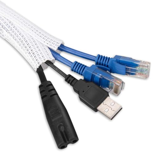 AGPTEK Cable Sleeve Cover, 6.6ft - 2/3 inch Desk Cord Organizer Cable Hider, Home Office Wire Management Computer TV Wire Loom Tubing, Pet Proof Cord Protector, from Cat Dog Chewing, White - Image 1