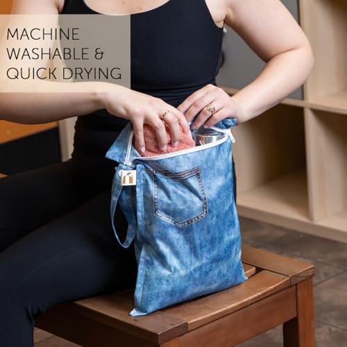 BUMKiNs Roamio Waterproof Wet Bag for Baby, Travel, Swim Suit, Cloth Diapers, Pump Parts, Pool, Gym Clothes, Toiletry, Hook to Stroller, Daycare, Zipper Reusable Bag, Wetdry Packing Pouch, Faux Pocket Denim - Image 4