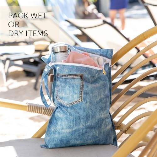 BUMKiNs Roamio Waterproof Wet Bag for Baby, Travel, Swim Suit, Cloth Diapers, Pump Parts, Pool, Gym Clothes, Toiletry, Hook to Stroller, Daycare, Zipper Reusable Bag, Wetdry Packing Pouch, Faux Pocket Denim - Image 3