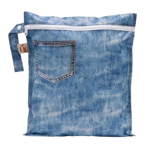 BUMKiNs Roamio Waterproof Wet Bag for Baby, Travel, Swim Suit, Cloth Diapers, Pump Parts, Pool, Gym Clothes, Toiletry, Hook to Stroller, Daycare, Zipper Reusable Bag, Wetdry Packing Pouch, Faux Pocket Denim - Image 1