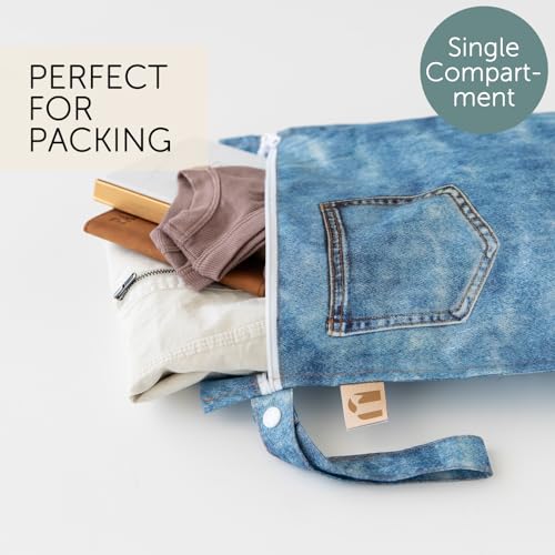 BUMKiNs Roamio Waterproof Wet Bag for Baby, Travel, Swim Suit, Cloth Diapers, Pump Parts, Pool, Gym Clothes, Toiletry, Hook to Stroller, Daycare, Zipper Reusable Bag, Wetdry Packing Pouch, Faux Pocket Denim - Image 2