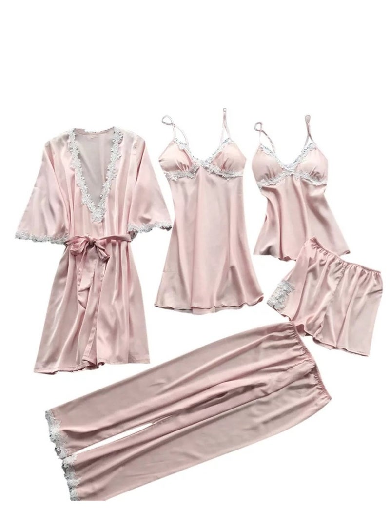 Women Satin Pajama Set 5pcs Floral Lace Trim Cami Lingerie Sleepwear with Robe. 