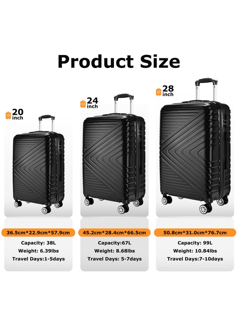 آه آه مجموعة حقائب سفر مكونة من 3 قطع مع عجلة دوارة ومجموعة حقائب سفر صلبة مع قفل TSA وحقائب سفر قابلة للتوسيع للرجال والنساء باللون الأسود - Image 2