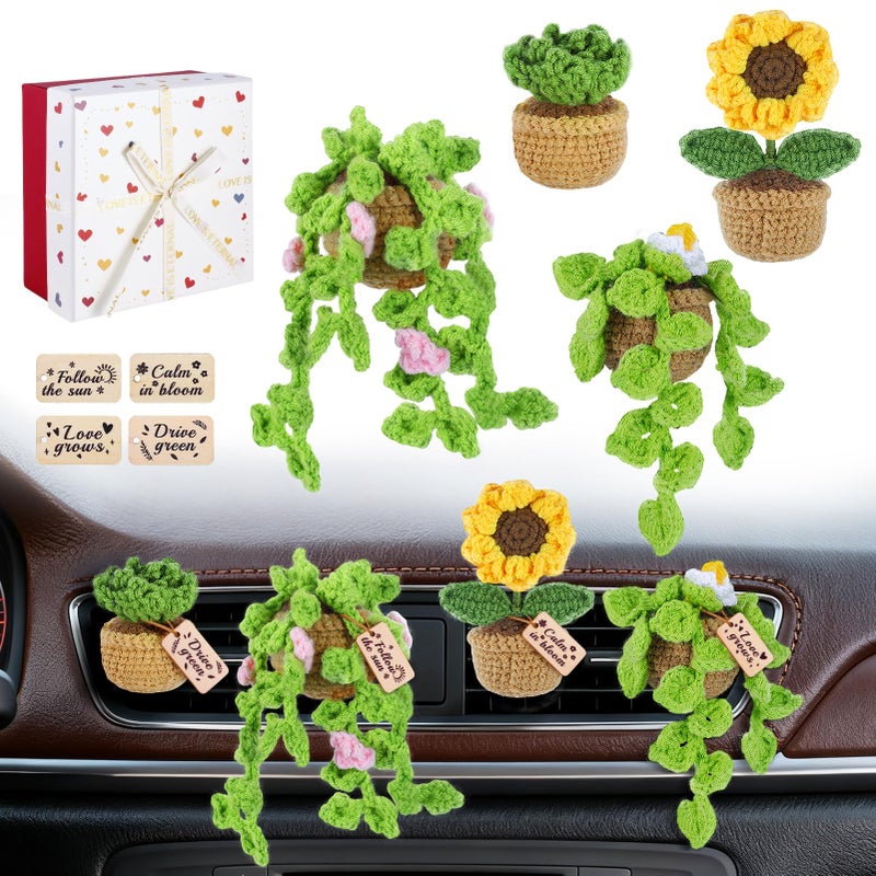 FOGWOWO 4 Pcs Crochet Plant Vent Clips for Car,Handmade Mini Plant Car Air Fresheners with Inspirational Cards,Succulent Sunflower Potted Plants Car Vent Clips Xmas Crochet Gift for Plants Lover with Gift Box - Image 1