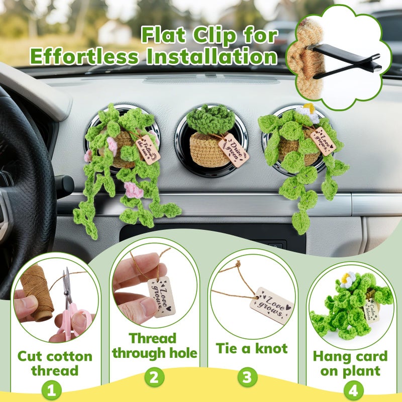 FOGWOWO 4 Pcs Crochet Plant Vent Clips for Car,Handmade Mini Plant Car Air Fresheners with Inspirational Cards,Succulent Sunflower Potted Plants Car Vent Clips Xmas Crochet Gift for Plants Lover with Gift Box - Image 3