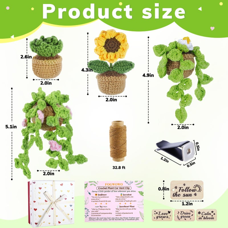 FOGWOWO 4 Pcs Crochet Plant Vent Clips for Car,Handmade Mini Plant Car Air Fresheners with Inspirational Cards,Succulent Sunflower Potted Plants Car Vent Clips Xmas Crochet Gift for Plants Lover with Gift Box - Image 2