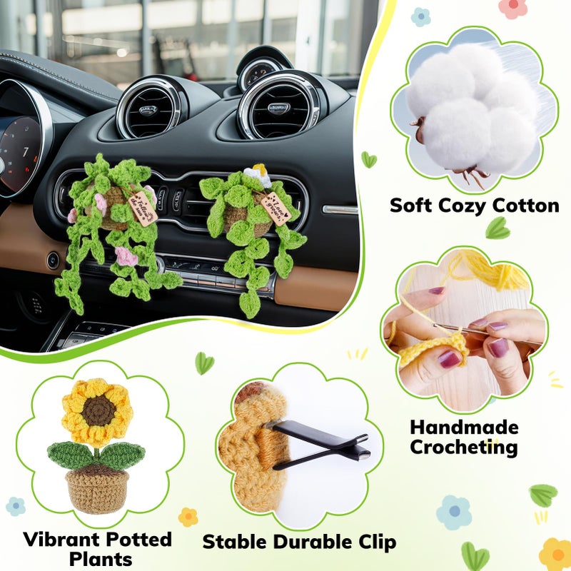 FOGWOWO 4 Pcs Crochet Plant Vent Clips for Car,Handmade Mini Plant Car Air Fresheners with Inspirational Cards,Succulent Sunflower Potted Plants Car Vent Clips Xmas Crochet Gift for Plants Lover with Gift Box - Image 4