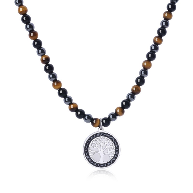 GAVU Triple Protection Beaded Necklace - Men's Life Tree Beaded Hematite Tiger Eye Obsidian Necklace - Image 1