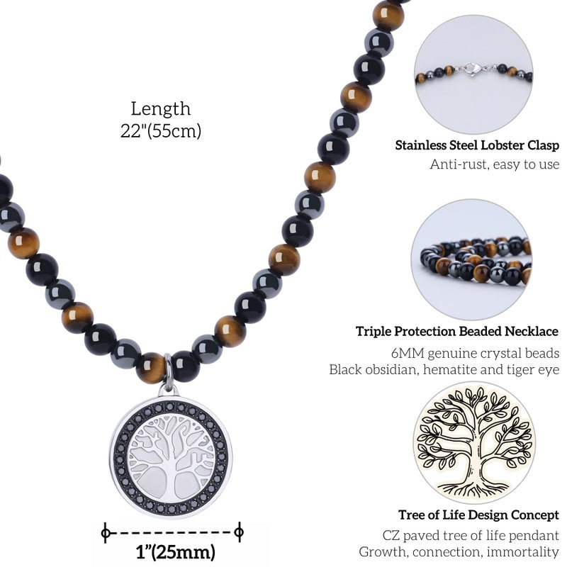 GAVU Triple Protection Beaded Necklace - Men's Life Tree Beaded Hematite Tiger Eye Obsidian Necklace - Image 3