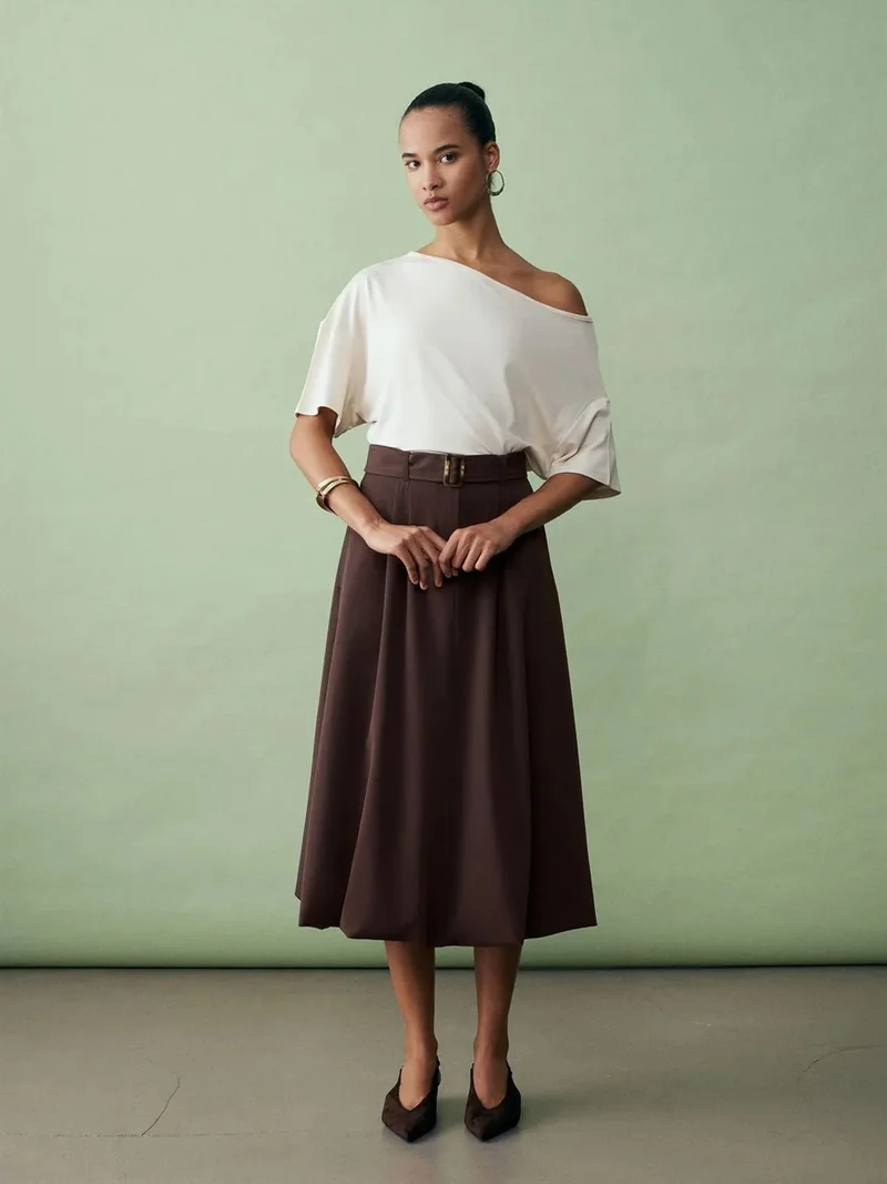 ديلفين Dilvin High-waist Belted Midi Balloon Skirt