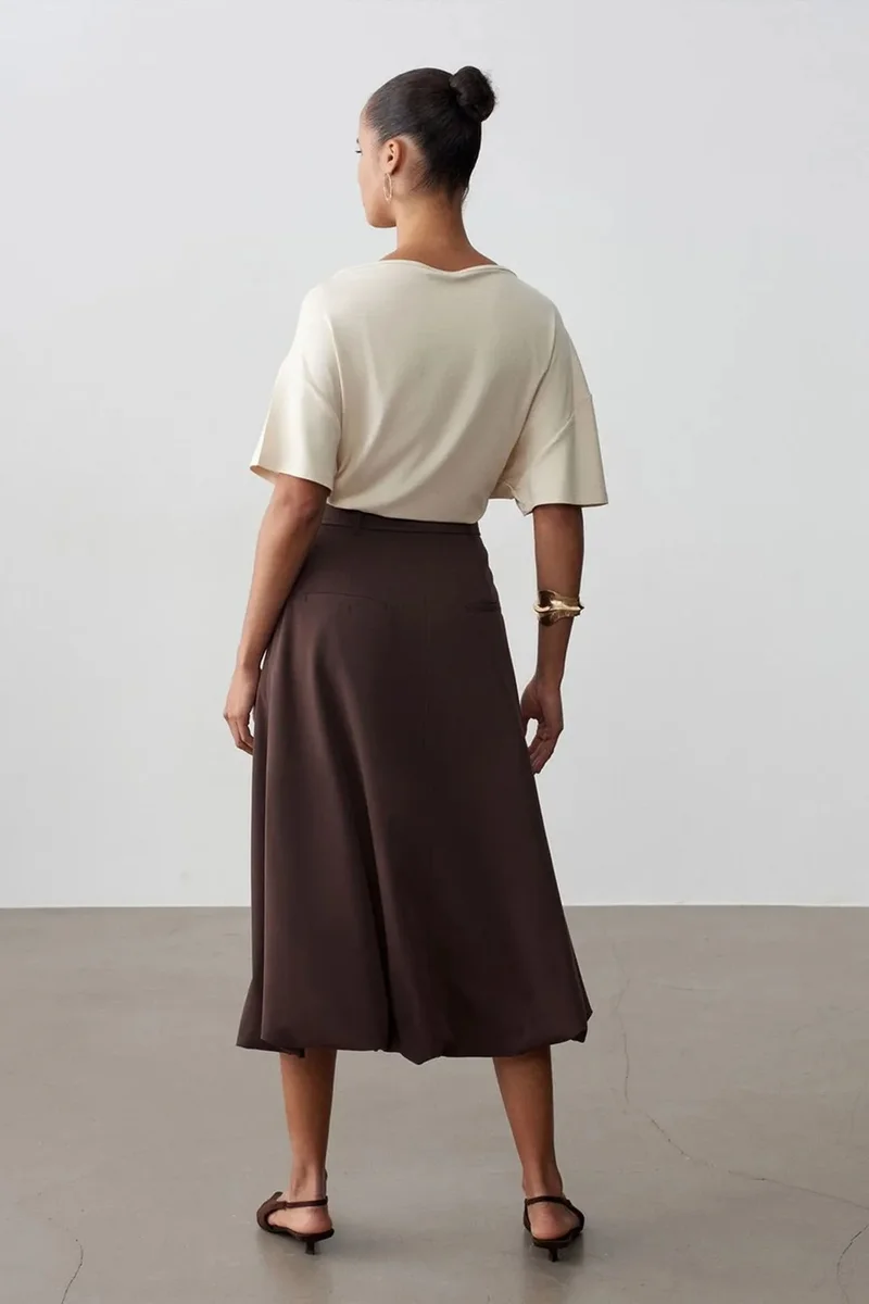 Dilvin Coffee Brown DILVIN High-waist Belted Midi Balloon Skirt for Women | Best Price UAE