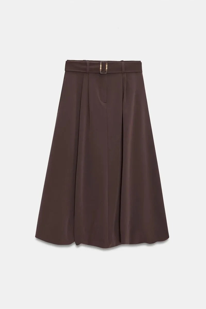 Dilvin Coffee Brown DILVIN High-waist Belted Midi Balloon Skirt for Women | Best Price UAE